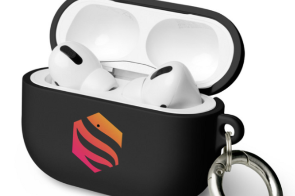 AirPods case with Young Liberals logo printed onto it